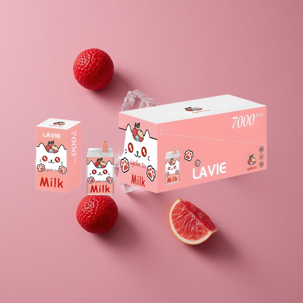 LAVIE Milk 7000 Puffs Vape Jetable Litchi Glacé avec Capacité de E-liquide: 16ML et Port de Chargement: Type C Rechargeable