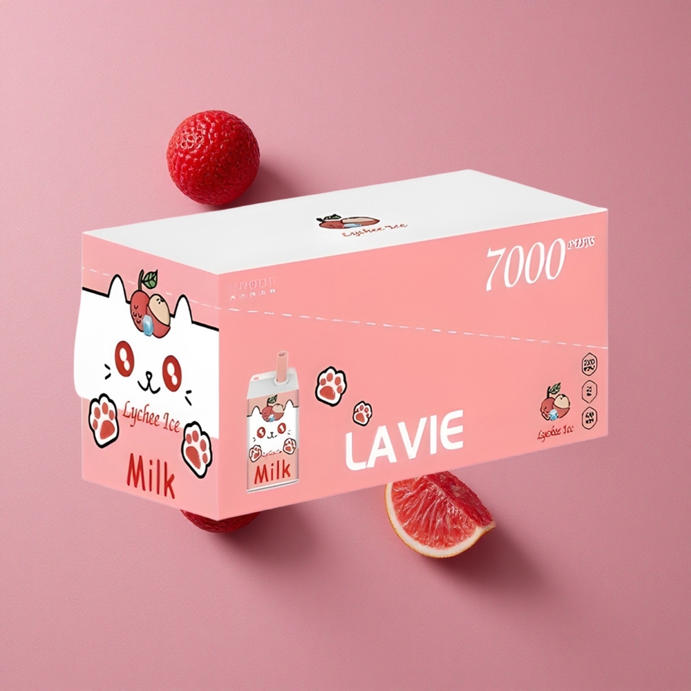 LAVIE Milk 7000 Puffs Vape Jetable Litchi Glacé avec Capacité de E-liquide: 16ML et Port de Chargement: Type C Rechargeable