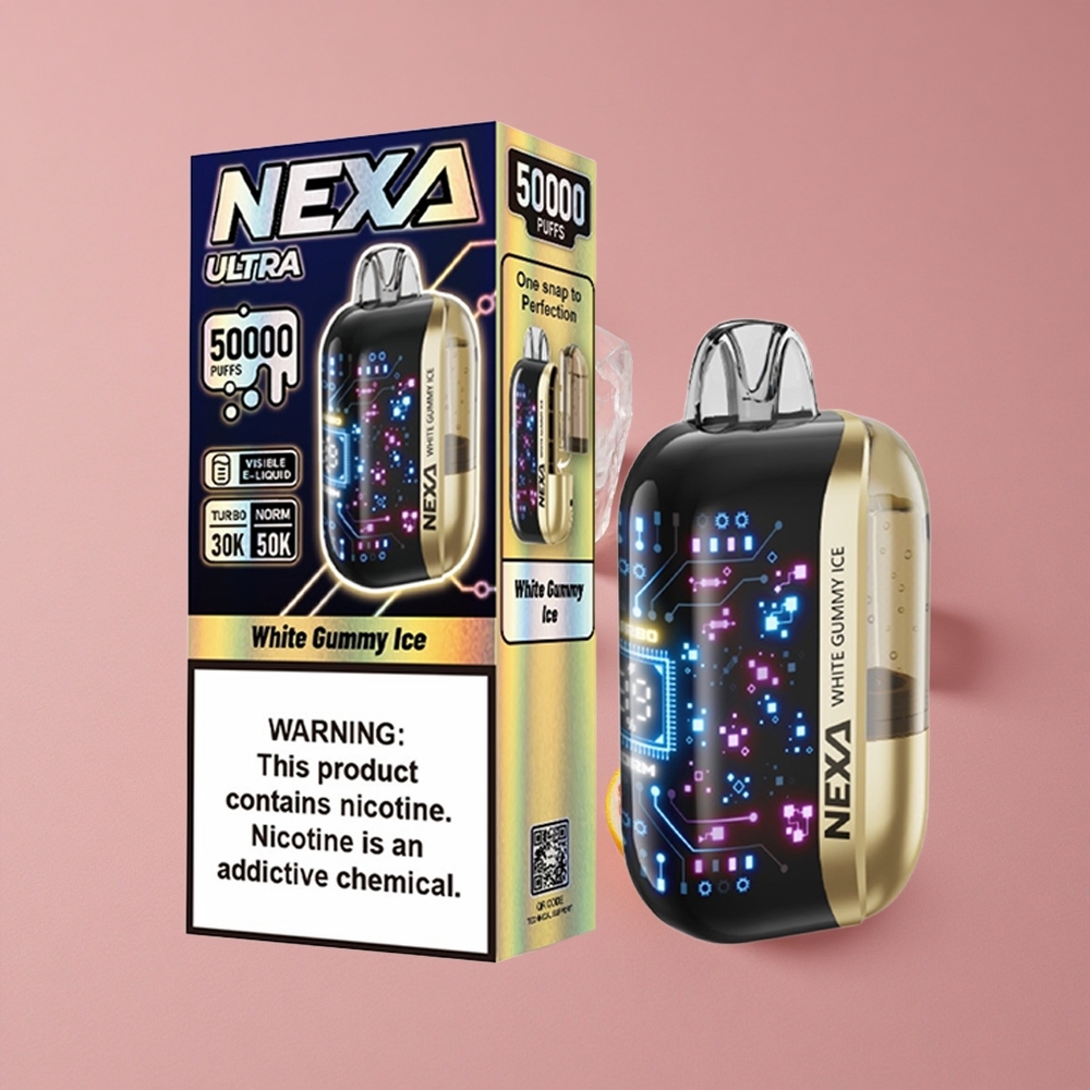 NEXA Ultra 50000 Puffs Vape Jetable Gummy Blanc Glacé avec 20ml Capacité Préremplie et Écran Courbe 3D