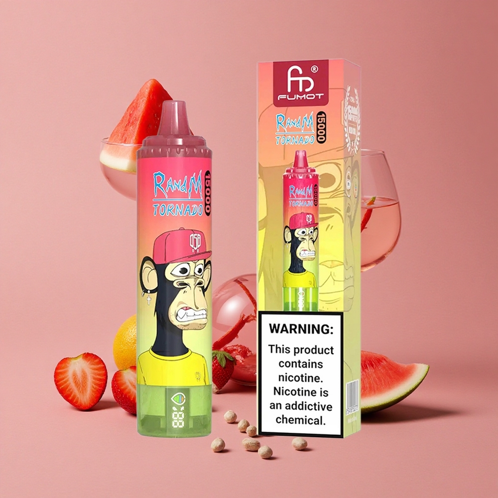 RandM Fumot Tornado 15000 Puffs Fraise Pastèque Citronnée avec 25ml Capacité et Rechargeable USB Type-C