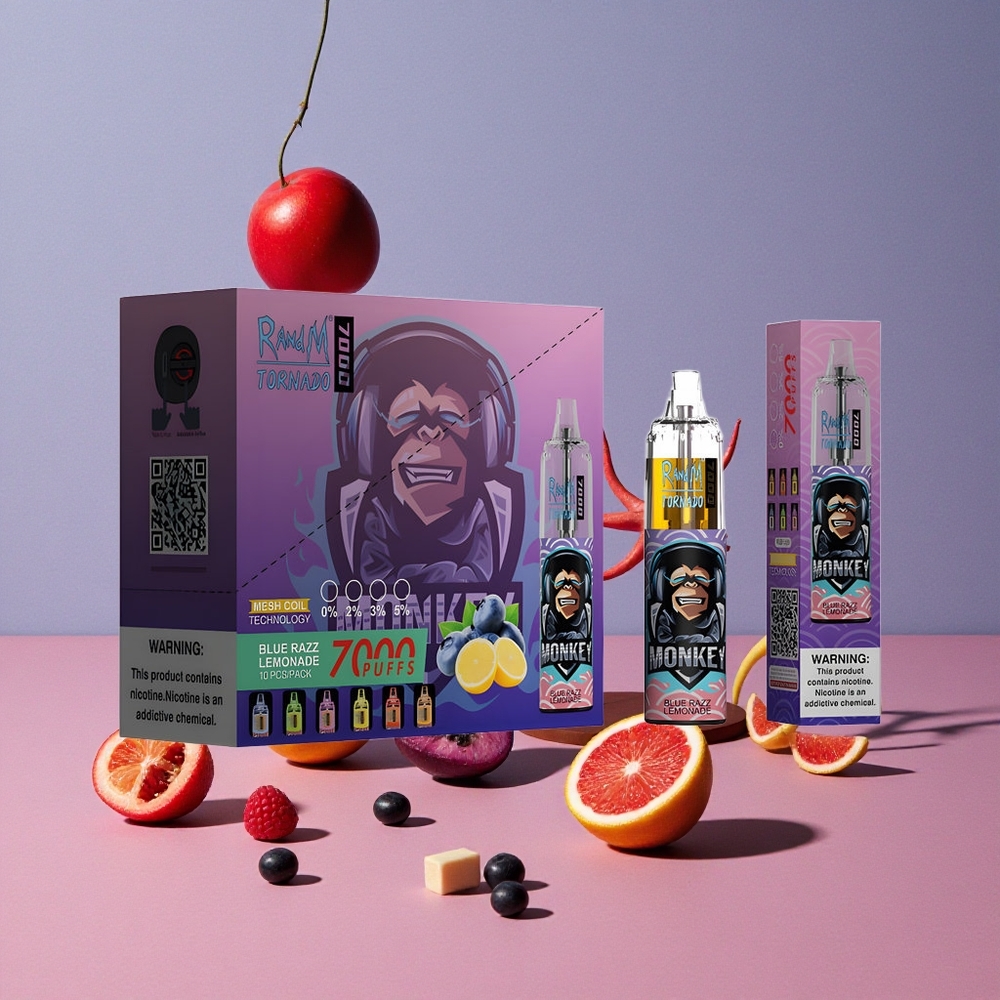 RandM Fumot Tornado 7000 Puffs Bleu Framboise Citronnade avec Batterie 850 MAH et Bobine Mesh