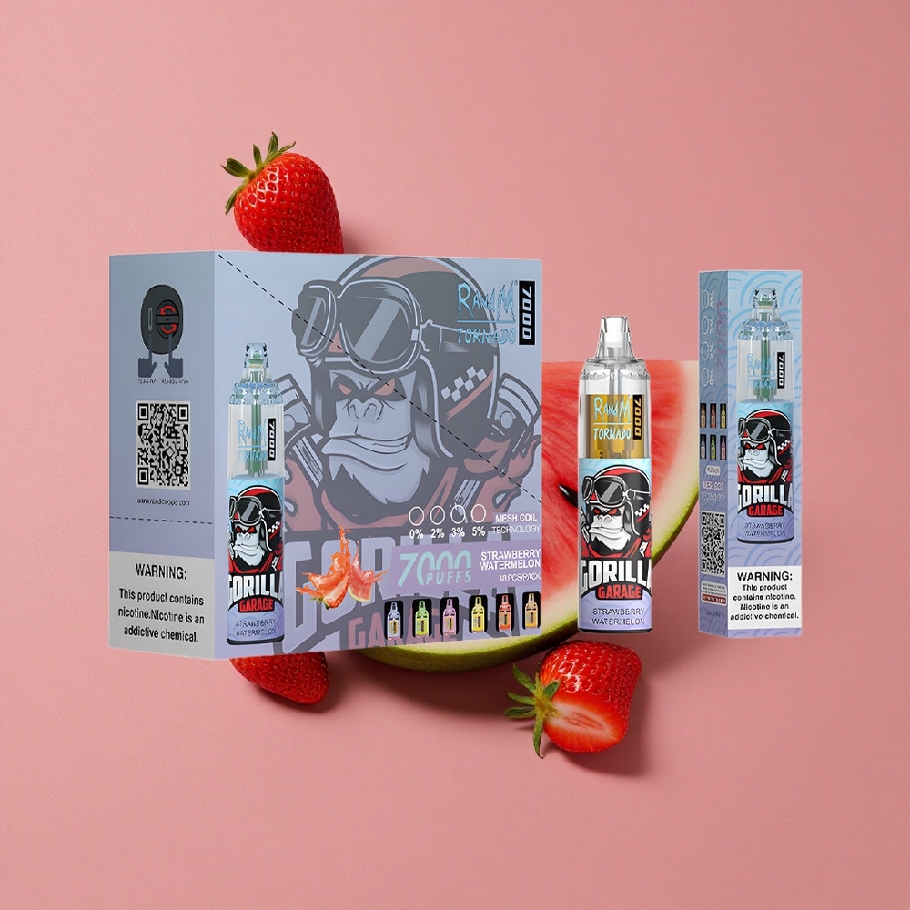 RandM Fumot Tornado 7000 Puffs Fraise Pastèque Vape Jetable avec Batterie 850 MAH et Lumière RGB