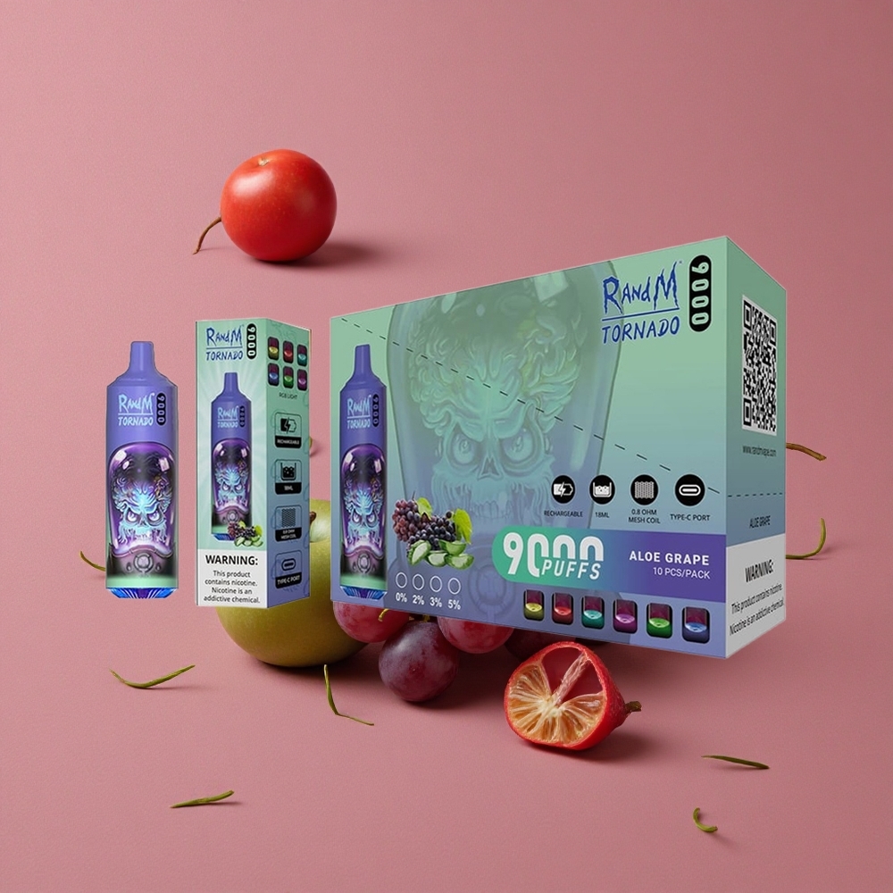 RandM Fumot Tornado 9000 Puffs Aloe Grape Vape Disposable avec 18 mL de E-liquide et 54 Saveurs Variées