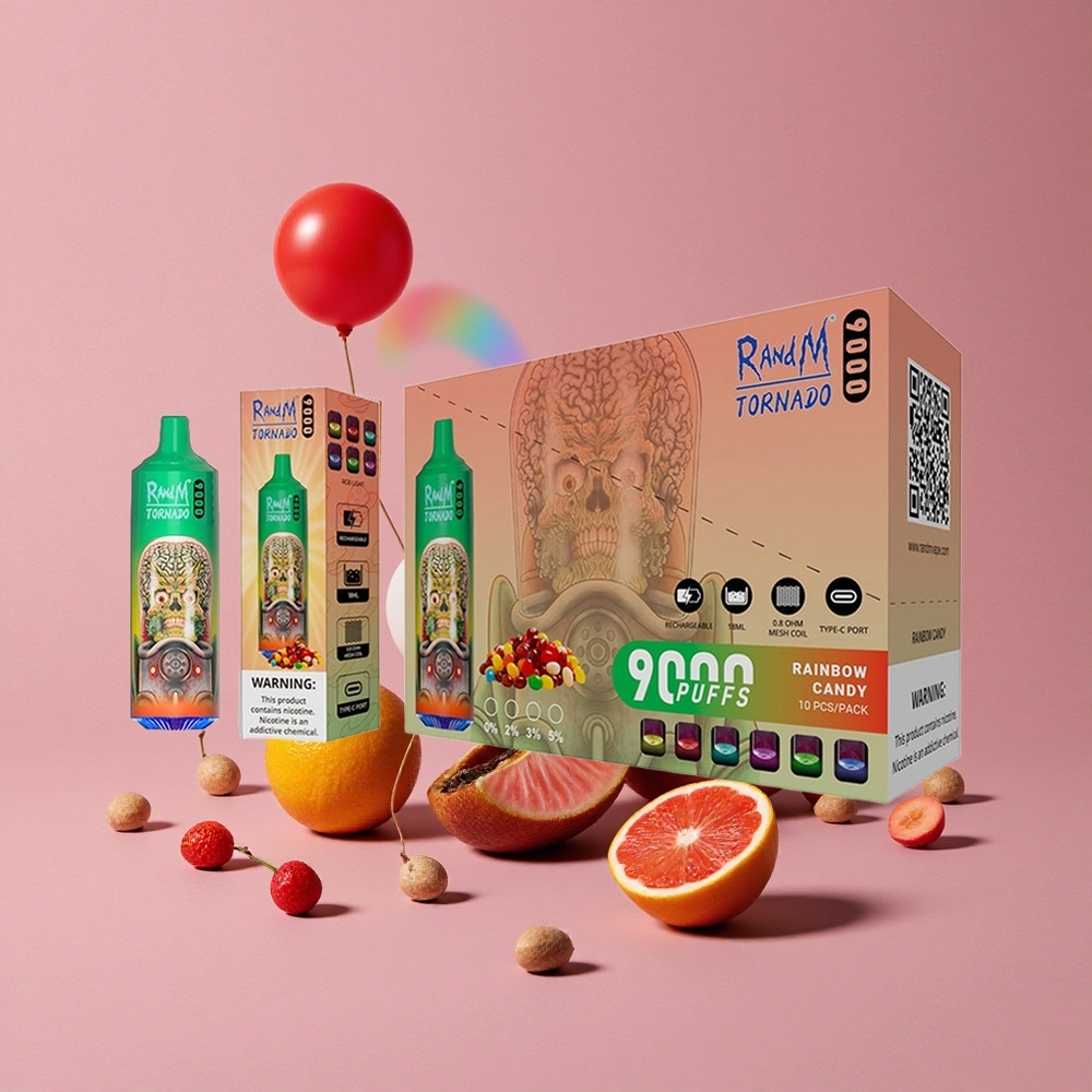RandM Fumot Tornado 9000 Puffs Bonbon Arc-en-Ciel avec Affichage RGB Élégant et 18 mL de E-liquide