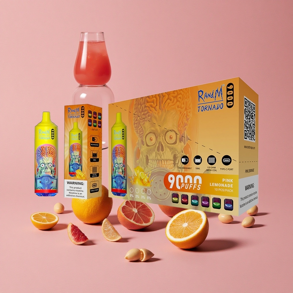 RandM Fumot Tornado 9000 Puffs Citron Rose Électrique Affichage RGB