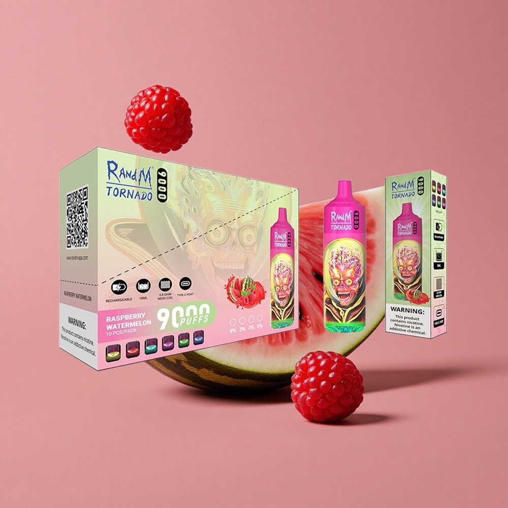 RandM Fumot Tornado 9000 Puffs Framboise Pastèque Batterie 850 mAh Rechargeable Ecran RGB