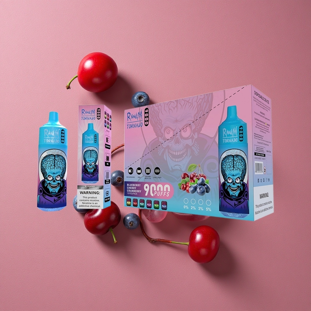 RandM Fumot Tornado 9000 Puffs Myrtille Cerise Canneberge avec 18 mL de E-liquide et Écran RGB Élégant
