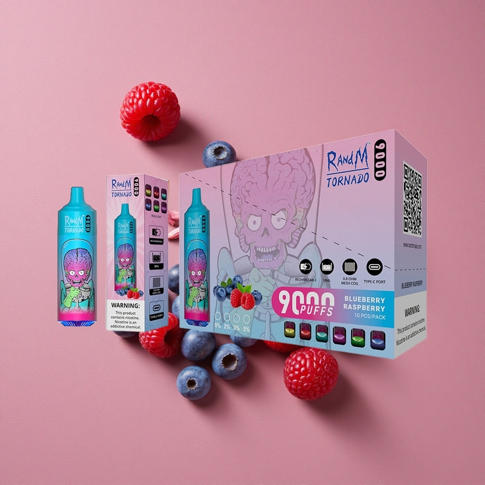 RandM Fumot Tornado 9000 Puffs Myrtille Framboise avec Batterie 850 mAh Rechargeable et Affichage RGB Élégant