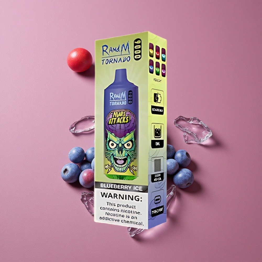 RandM Fumot Tornado 9000 Puffs Myrtille Glacé avec 18 mL E-liquide et Affichage RGB Élégant