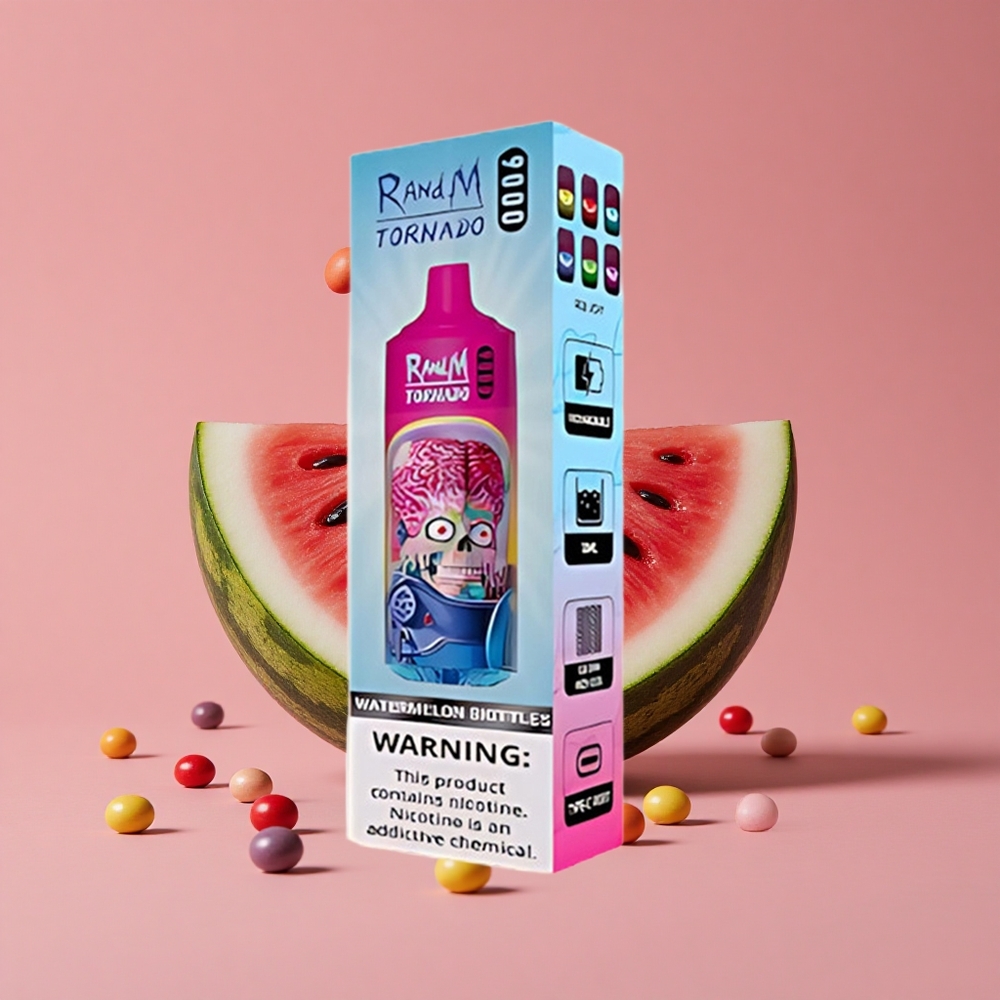 RandM Fumot Tornado 9000 Puffs Pastèque Skittles avec 18 mL de E-liquide et Écran RGB Élégant