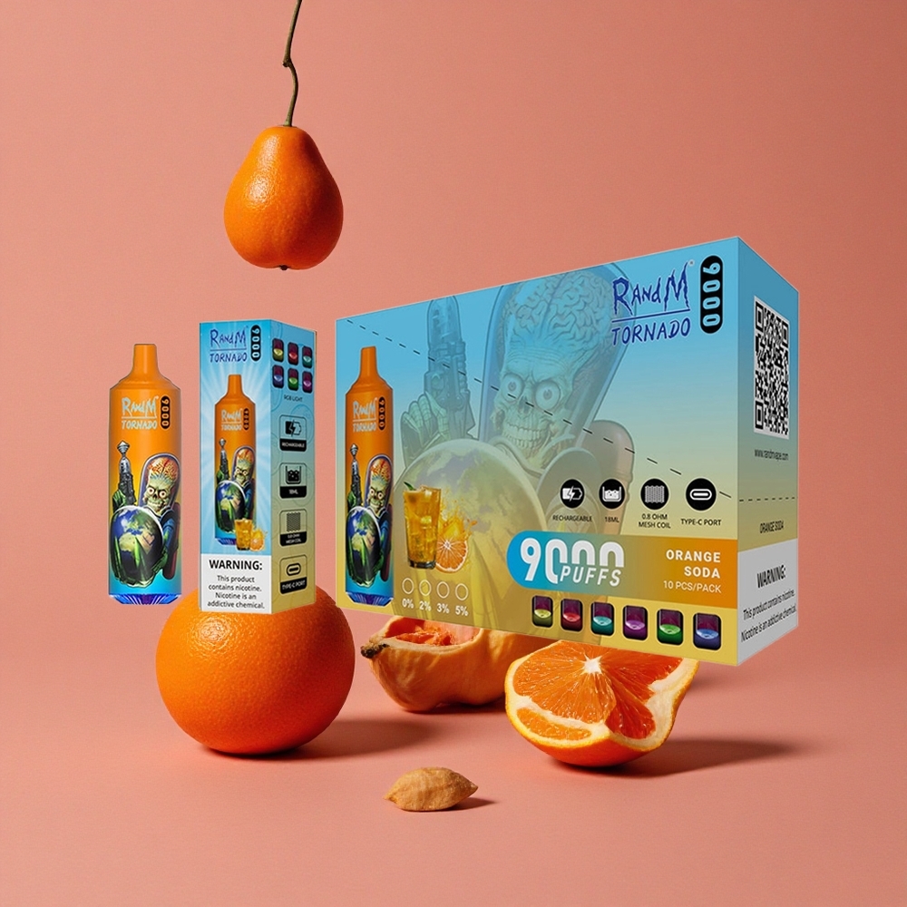 RandM Fumot Tornado 9000 Puffs Vape Jetable Soda à l\'Orange avec 18 mL de E-liquide et Écran RGB Élégant