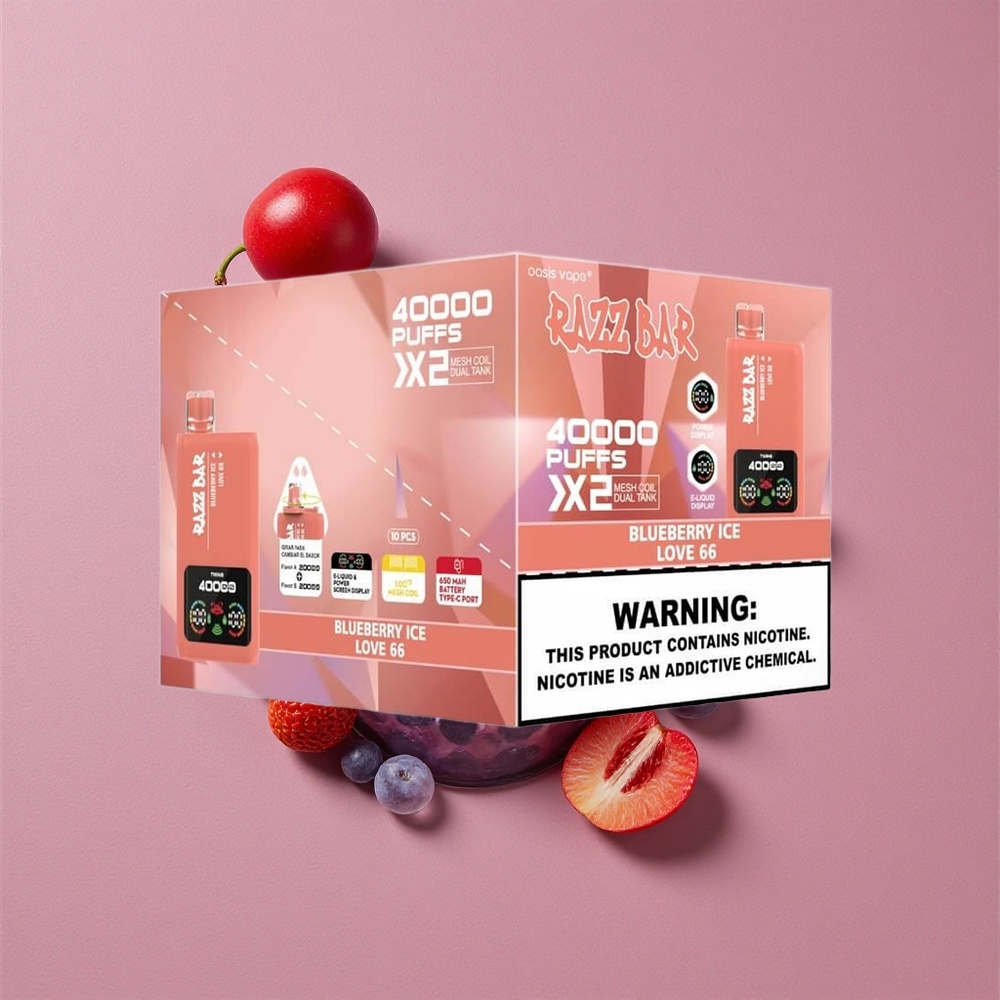 Razz Bar 40000 Puffs Vape Jetable Blueberry Glace_Love 66 Affichage Écran Puissance 650 Mah Batterie Port Type-C