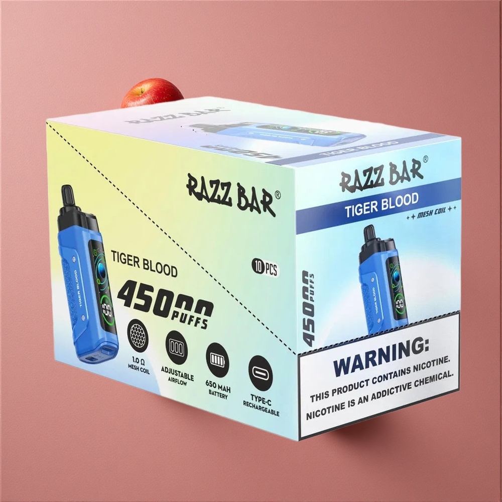 Razz Bar 45000 Puffs Barre E-Cigarette Jetable Tiger Blood (Sang de Tigre) avec Bobine Mesh 1.0 Ohm et Batterie 650 Mah Rechargeable Type-C