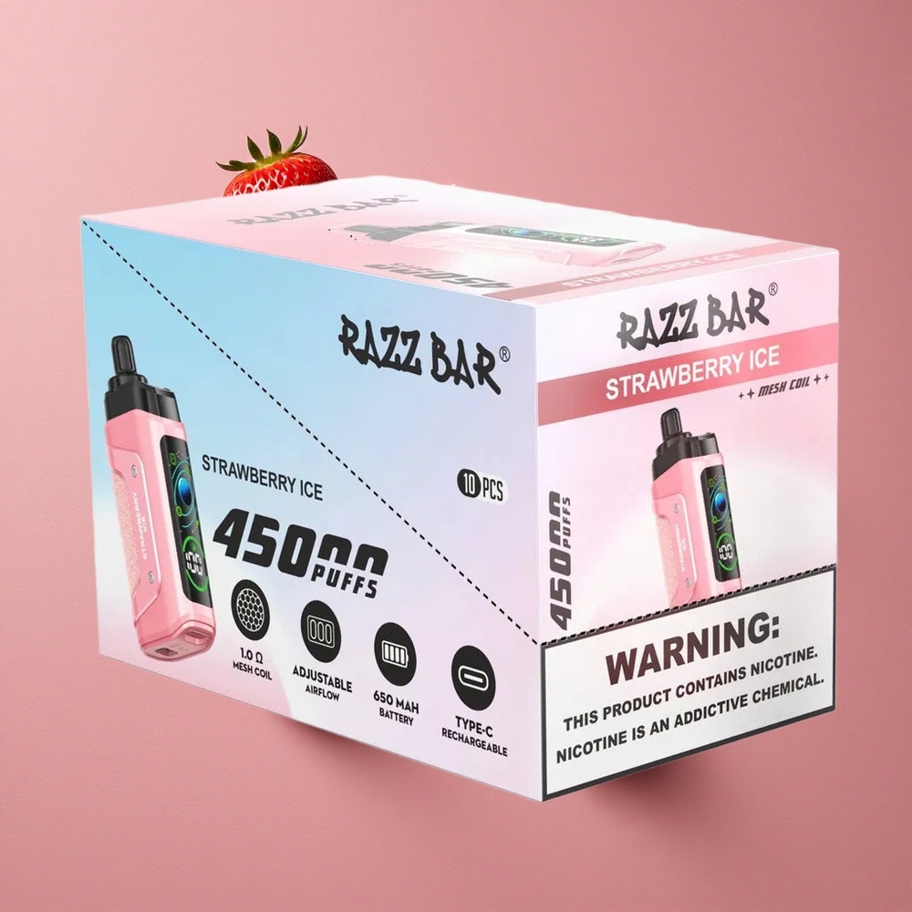 Razz Bar 45000 Puffs Fraise Menthe Vape Jetable avec Bobine Mesh 1.0 Ohm et Flux d\'Air Réglable