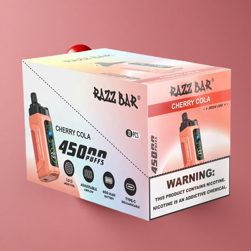 Razz Bar 45000 Puffs Vape Disposable Cerise Cola Flux d’Air Réglable et Rechargeable Type-C