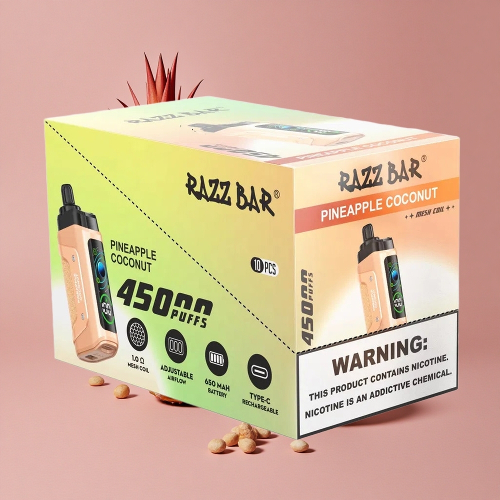 Razz Bar 45000 Puffs Vape Jetable Ananas Noix de Coco Bobine Mesh 1.0 Ohm Flux d\'Air Réglable