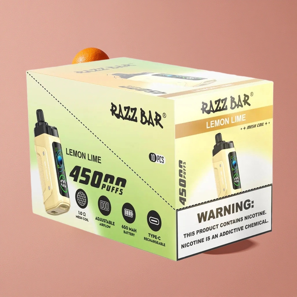 Razz Bar 45000 Puffs Vape Jetable Citron Vert et Framboise avec Bobine Mesh 1.0 Ohm et Batterie 650 Mah Rechargeable Type-C