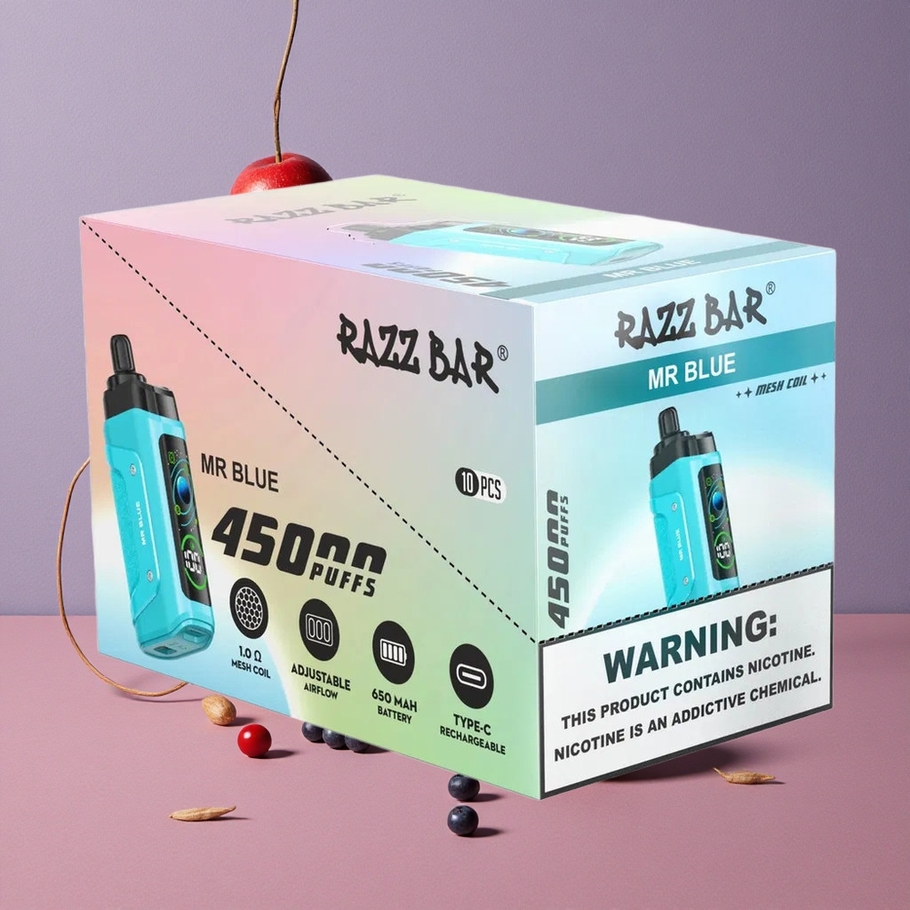Razz Bar 45000 Puffs Vape Jetable Mr Blue Bleu et Mesh Coil 1.0 Ohm