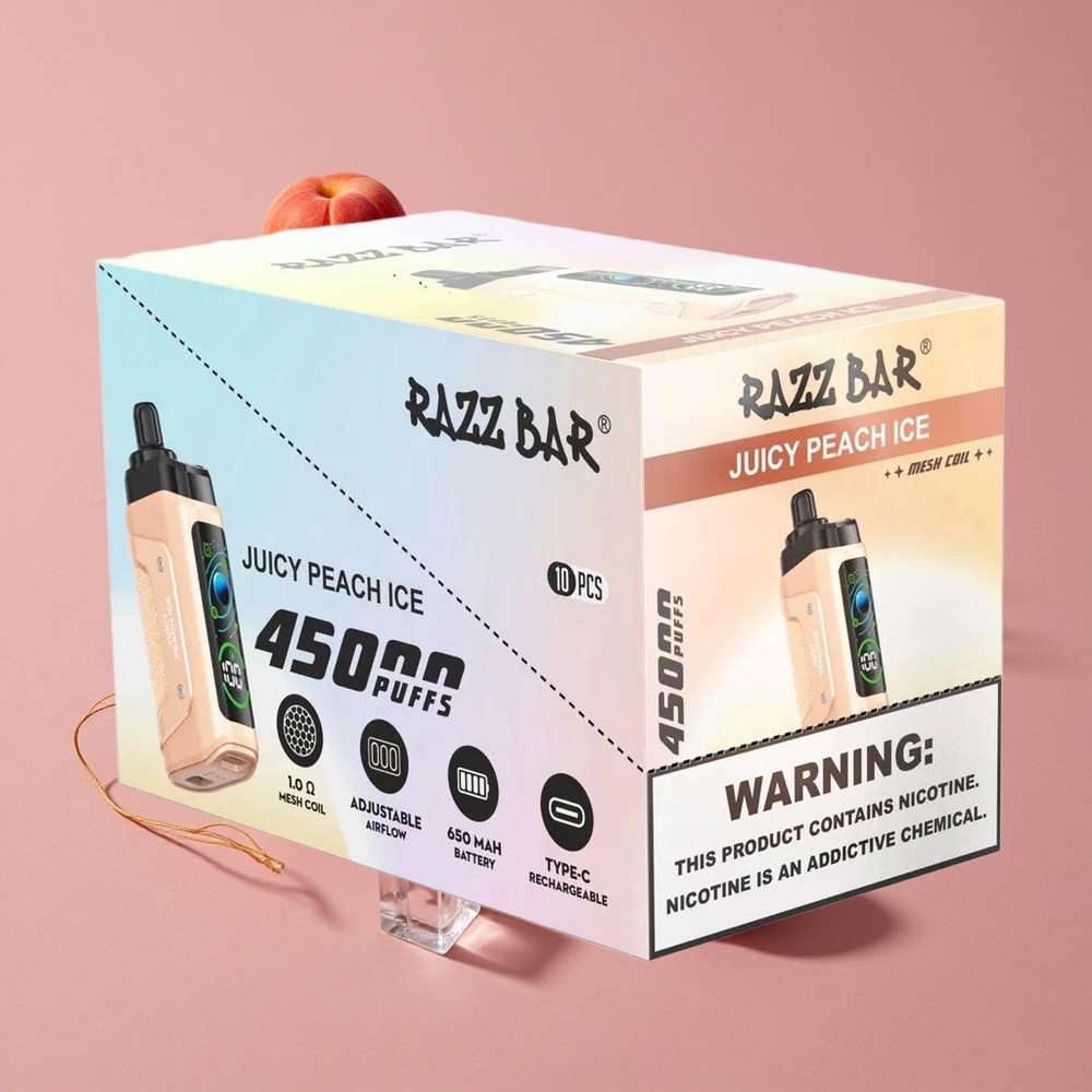 Razz Bar 45000 Puffs Vape Jetable Pêche Juteuse Glace avec Bobine Mesh 1.0 Ohm et Flux d\'Air Réglable