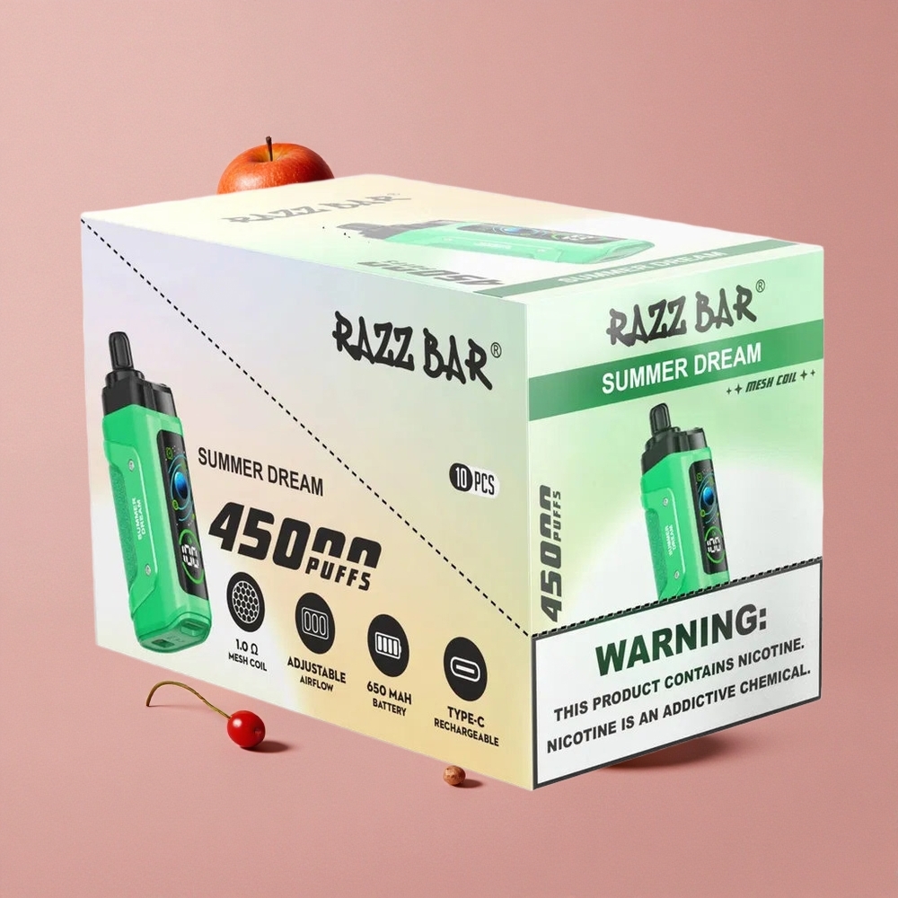 Razz Bar 45000 Puffs Vape Jetable Rêve d\'Été avec Bobine Mesh 1.0 Ohm et Batterie 650 Mah Rechargeable Type-C