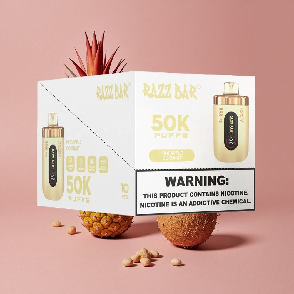 Razz Bar 50K Bouffées Vape Jetable Ananas Noix de Coco avec Bobine Mesh 1.0 Ohm et Batterie 650 Mah