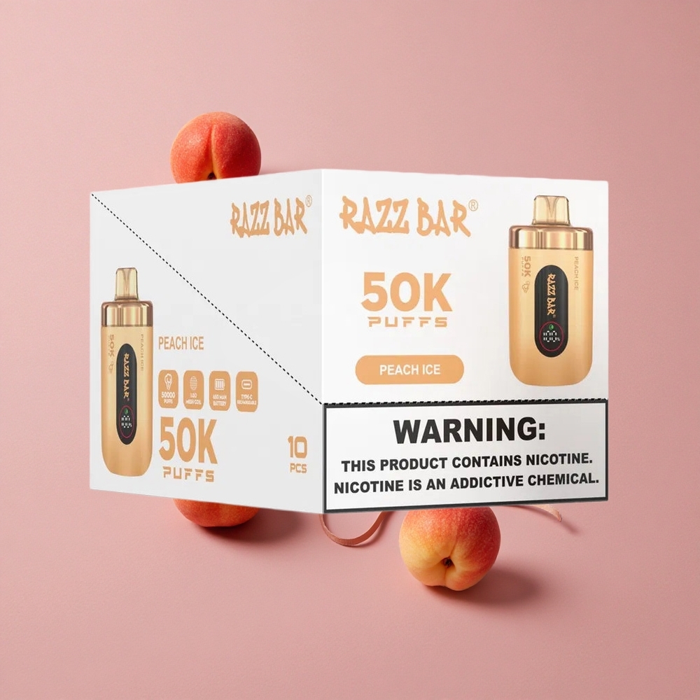 Razz Bar 50K Bouffées Vape Jetable Pêche Glacée et Framboise avec Bobine Mesh 1.0 Ohm et Batterie 650 Mah