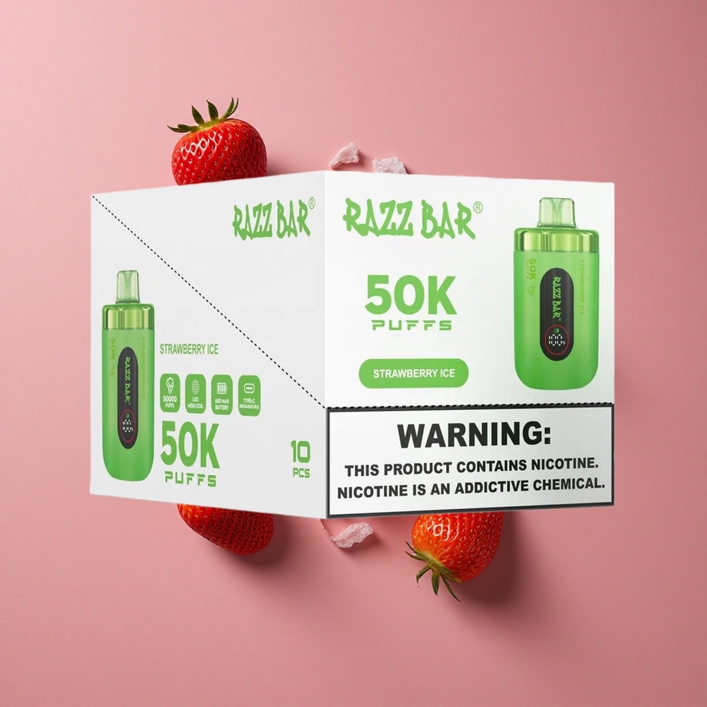 Razz Bar 50K Puffs Fraise Menthe Vape Jetable Bobine Mesh 1.0 Ohm Batterie 650 Mah