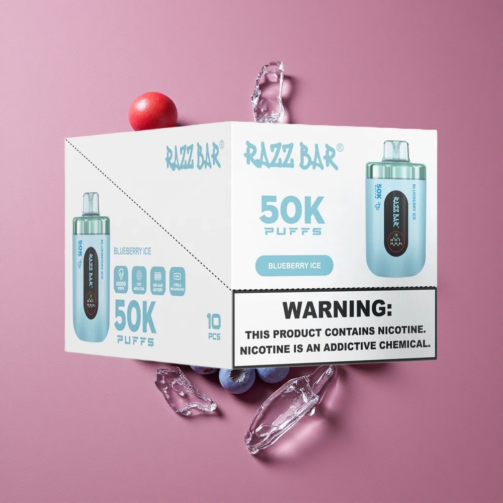 Razz Bar 50K Puffs Vape Jetable Bleuet Glacé avec Batterie 650 mAh et Rechargeable Type-C
