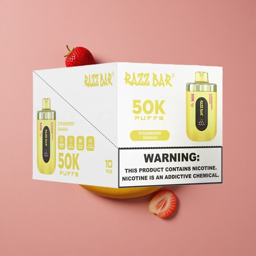 Razz Bar 50K Puffs Vape Jetable Fraise Banane Rechargeable Type-C 2% Nicotine