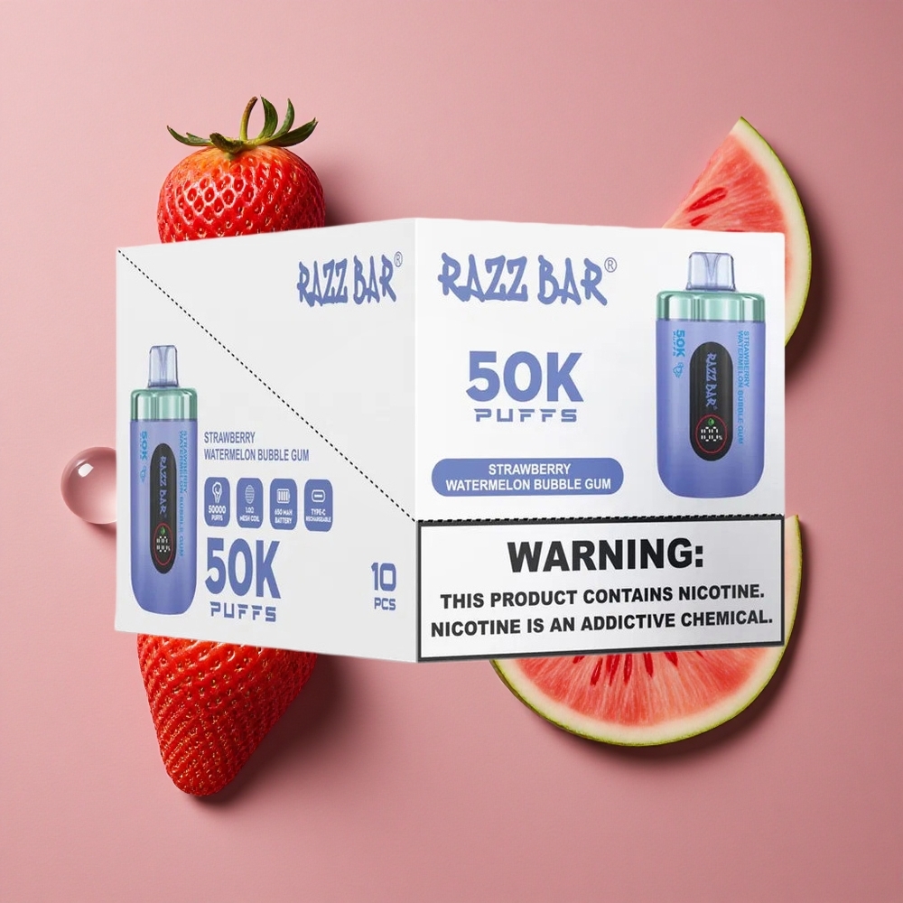 Razz Bar 50K Puffs Vape Jetable Fraise Pastèque Bubble Gum avec Bobine Mesh 1,0 Ohm et Batterie 650 Mah