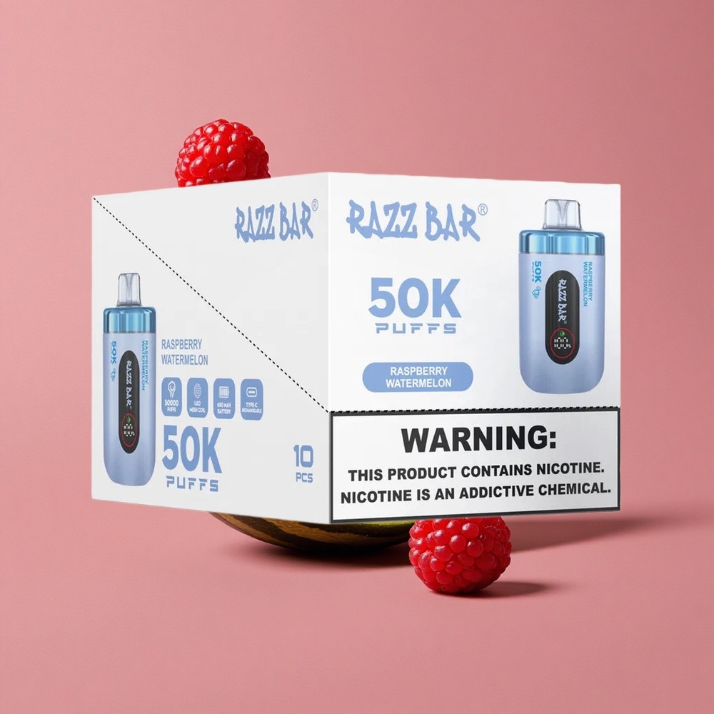 Razz Bar 50K Puffs Vape Jetable Framboise Pastèque Bobine Mesh 1.0 Ohm Batterie 650 Mah