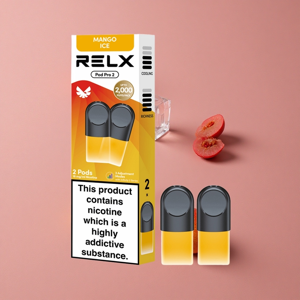 RELX Pod Pro 2 600 Puffs Mangue Glacé Capacité : 1,9ml Modes : Eco (5,5W), Smooth (6,5W), Boost (8W)