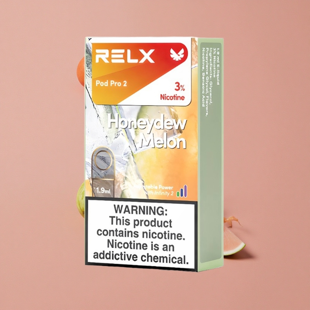 RELX Pod Pro 2 600 Puffs Melon Miel Capacité : 1,9ml 2 ou 3 pods/paquet 3 réglages de tension