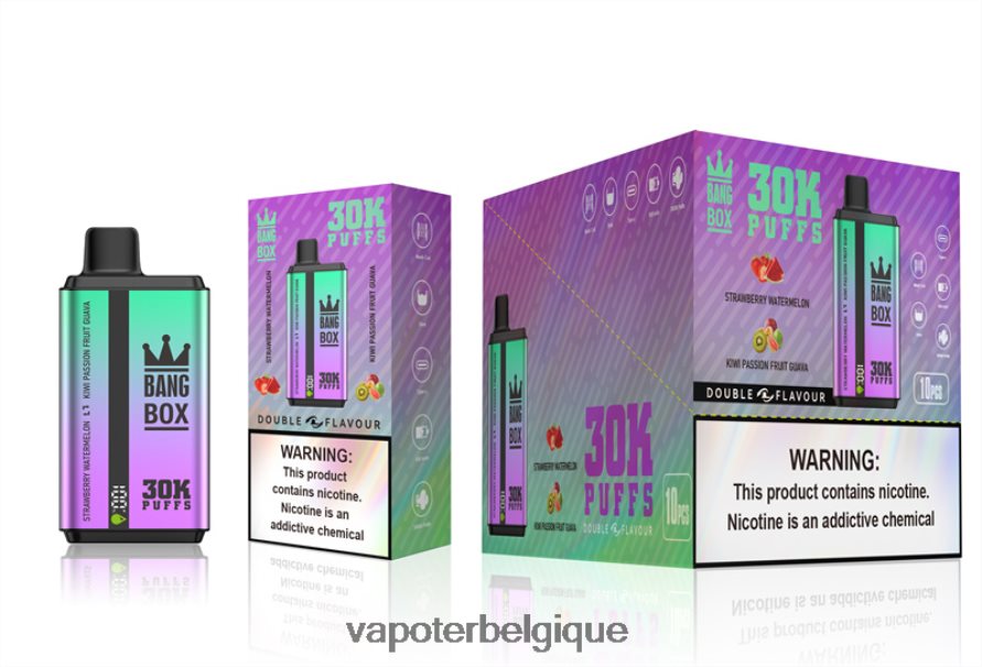 Bang Box 30 000 bouffées double saveurs TTX60470 - Vape Grossiste fraise pastèque & kiwi fruit de la passion goyave