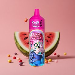 RandM Fumot Tornado 9000 Puffs Pastèque Skittles avec 18 mL de E-liquide et Écran RGB Élégant